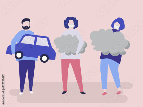 Character of people holding air pollution symbols illustration