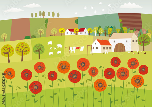 Vector illustration of summer landscape with poppies and clean nature