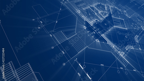 Architecture design: blueprint plan - illustration of a plan modern residential building / technology, industry, business concept illustration: real estate, building, construction, architecture