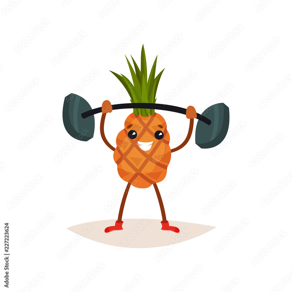 Cheerful pineapple holding barbell over his head. Active physical exercise. Funny humanized fruit. Flat vector icon Cheerful pineapple holding barbell over his head. Active physical exercise. Funny humanized fruit. Flat vector icon