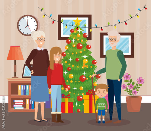 grandparents and kids with december clothes in livingroom