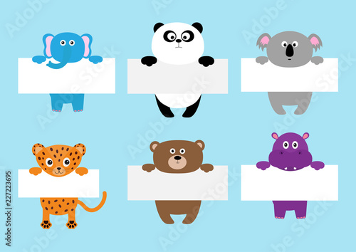 Jaguar cat, elephant, pands, koala, bear, hippo hanging on paper board template set. Cute cartoon funny character. Kawaii animal. Baby card. Flat design. Blue background Isolated photo