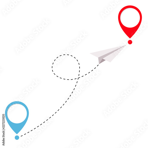 Flying origami paper plane and geolocation mark set. Dash line loop track. Placemark template. Tourist service. Holidays and vacations. On-line tracking. Flat design. White background.