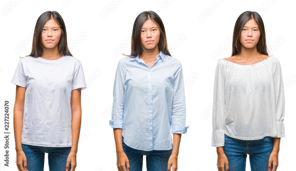 Obraz premium Collage of asian young woman standing over white isolated background with serious expression on face. Simple and natural looking at the camera.