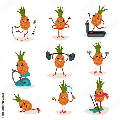 Flat vector set of humanized pineapple in different actions. Active workout. Cartoon character of tropical fruit