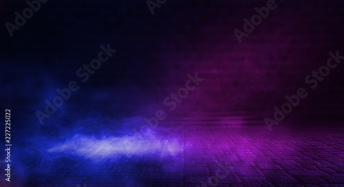 Background of empty room with spotlights and lights, abstract purple background with neon glow