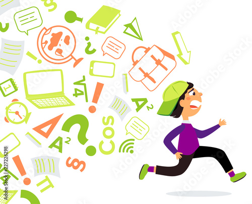 School boy information overloaded. Flat vector illustration