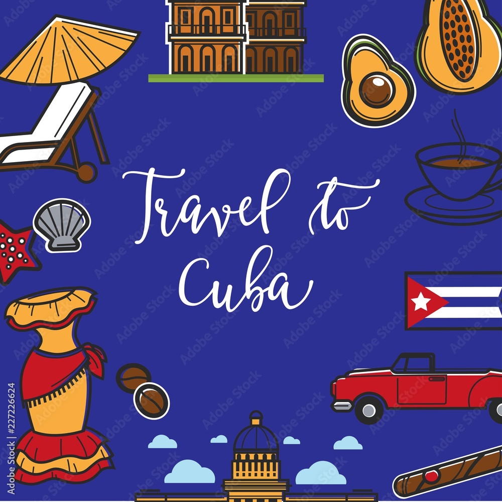 Travel to Cuba promo poster with national symbols.