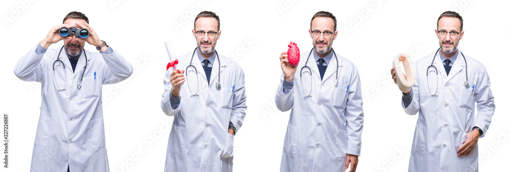 Collage of handsome senior hoary doctor man over isolated background with a confident expression on smart face thinking serious Collage of handsome senior hoary doctor man over isolated background with a confident expression on smart face thinking serious