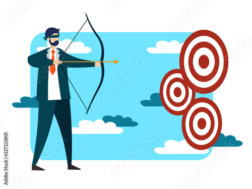 Blindfolded businessman trying to hit target or achive goal. Business success metaphor in flat style. Cartoon vector illustration