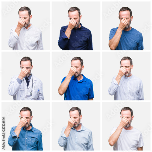 Collage of senior hoary elegant man over white isolated background tired rubbing nose and eyes feeling fatigue and headache. Stress and frustration concept.