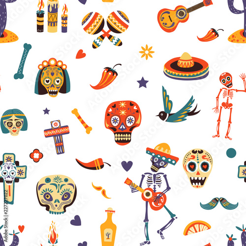 Dia de los Muertos vector greeting card for Mexican traditional holiday seamless pattern.