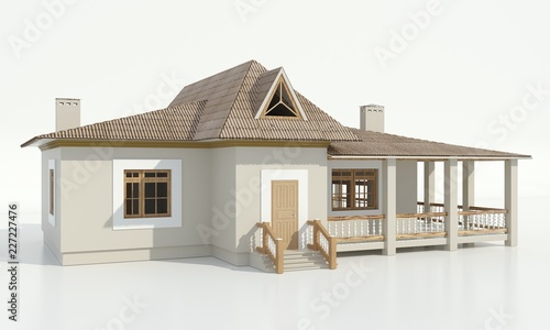 3d rendering of a modern cozy home with a loft under a tiled roof and a large terrace