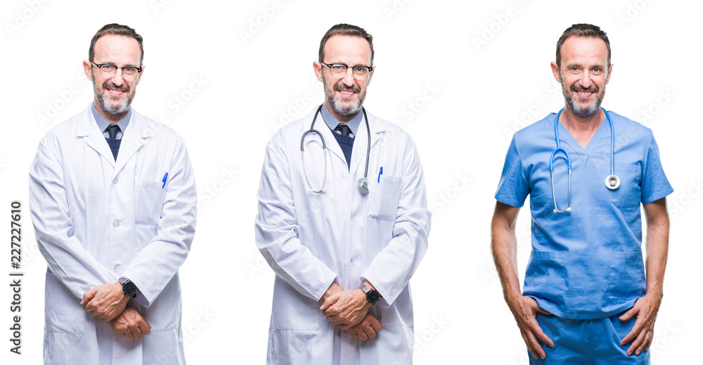 Collage of handsome senior hoary doctor man wearing surgeon uniform over isolated background with a happy and cool smile on face. Lucky person. Collage of handsome senior hoary doctor man wearing surgeon uniform over isolated background with a happy and cool smile on face. Lucky person.