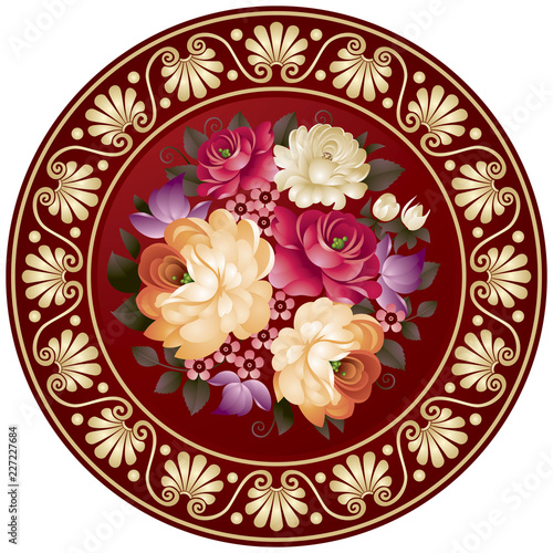 Flower plate with handicraft painting floral ornament in vector, garden and wild flowers design decor element