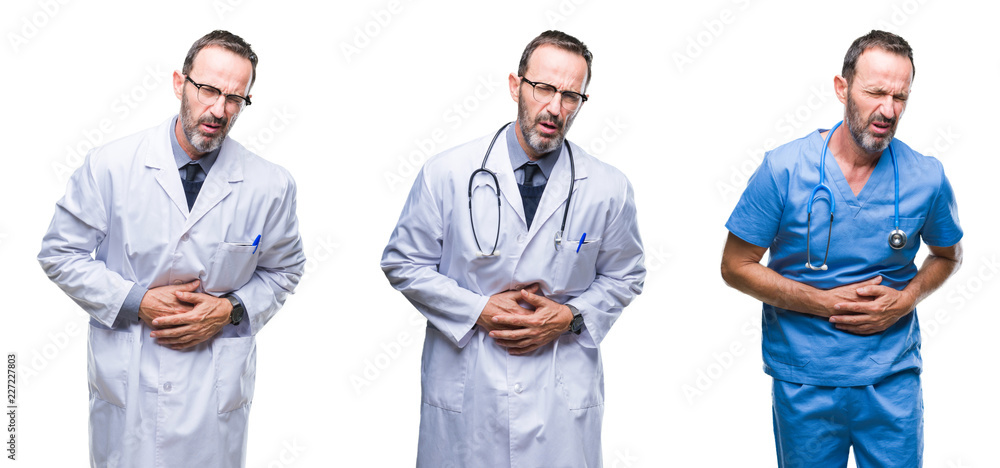 Collage of handsome senior hoary doctor man wearing surgeon uniform over isolated background with hand on stomach because nausea, painful disease feeling unwell. Ache concept. Collage of handsome senior hoary doctor man wearing surgeon uniform over isolated background with hand on stomach because nausea, painful disease feeling unwell. Ache concept.
