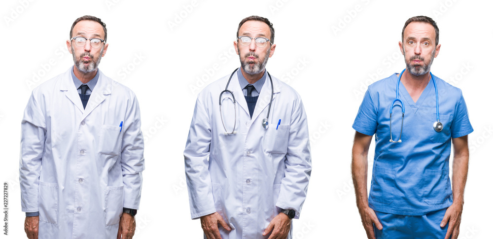 Collage of handsome senior hoary doctor man wearing surgeon uniform over isolated background puffing cheeks with funny face. Mouth inflated with air, crazy expression. Collage of handsome senior hoary doctor man wearing surgeon uniform over isolated background puffing cheeks with funny face. Mouth inflated with air, crazy expression.