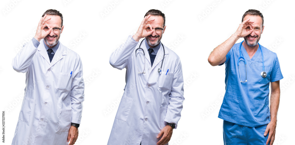 Collage of handsome senior hoary doctor man wearing surgeon uniform over isolated background doing ok gesture with hand smiling, eye looking through fingers with happy face.