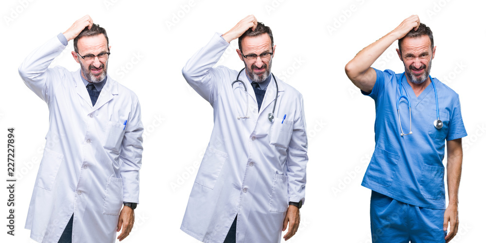 Collage of handsome senior hoary doctor man wearing surgeon uniform over isolated background confuse and wonder about question. Uncertain with doubt, thinking with hand on head. Pensive concept. Collage of handsome senior hoary doctor man wearing surgeon uniform over isolated background confuse and wonder about question. Uncertain with doubt, thinking with hand on head. Pensive concept.
