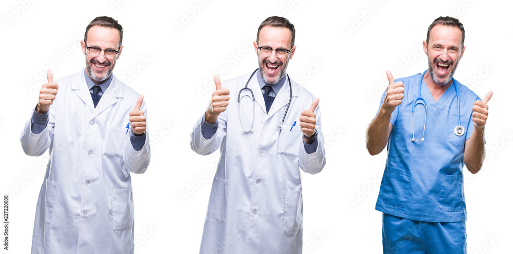Collage of handsome senior hoary doctor man wearing surgeon uniform over isolated background success sign doing positive gesture with hand, thumbs up smiling and happy. Looking at the camera cheerful Collage of handsome senior hoary doctor man wearing surgeon uniform over isolated background success sign doing positive gesture with hand, thumbs up smiling and happy. Looking at the camera cheerful
