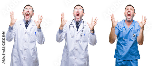 Collage of handsome senior hoary doctor man wearing surgeon uniform over isolated background crazy and mad shouting and yelling with aggressive expression and arms raised. Frustration concept.
