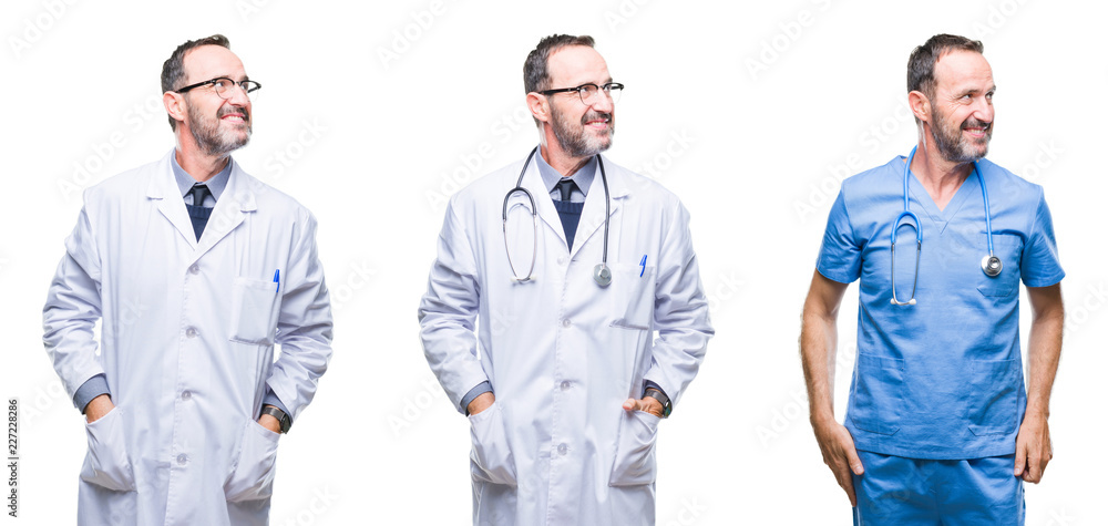 Collage of handsome senior hoary doctor man wearing surgeon uniform over isolated background looking away to side with smile on face, natural expression. Laughing confident. Collage of handsome senior hoary doctor man wearing surgeon uniform over isolated background looking away to side with smile on face, natural expression. Laughing confident.