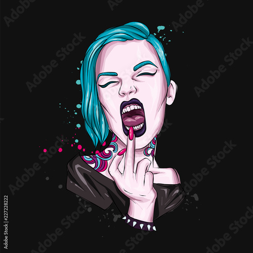 Stylish girl laughs and shows the middle finger. Punk and rock. Fashion and style, vector illustration.