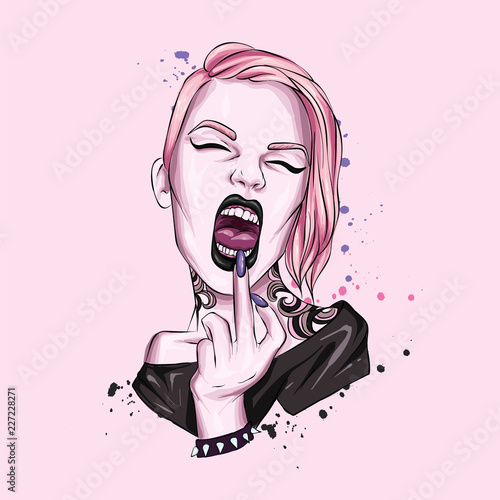 Stylish girl laughs and shows the middle finger. Punk and rock. Fashion and style, vector illustration.