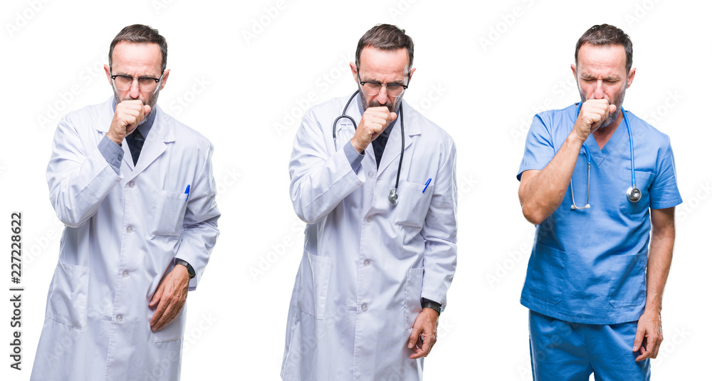 Collage of handsome senior hoary doctor man wearing surgeon uniform over isolated background feeling unwell and coughing as symptom for cold or bronchitis. Healthcare concept. Collage of handsome senior hoary doctor man wearing surgeon uniform over isolated background feeling unwell and coughing as symptom for cold or bronchitis. Healthcare concept.