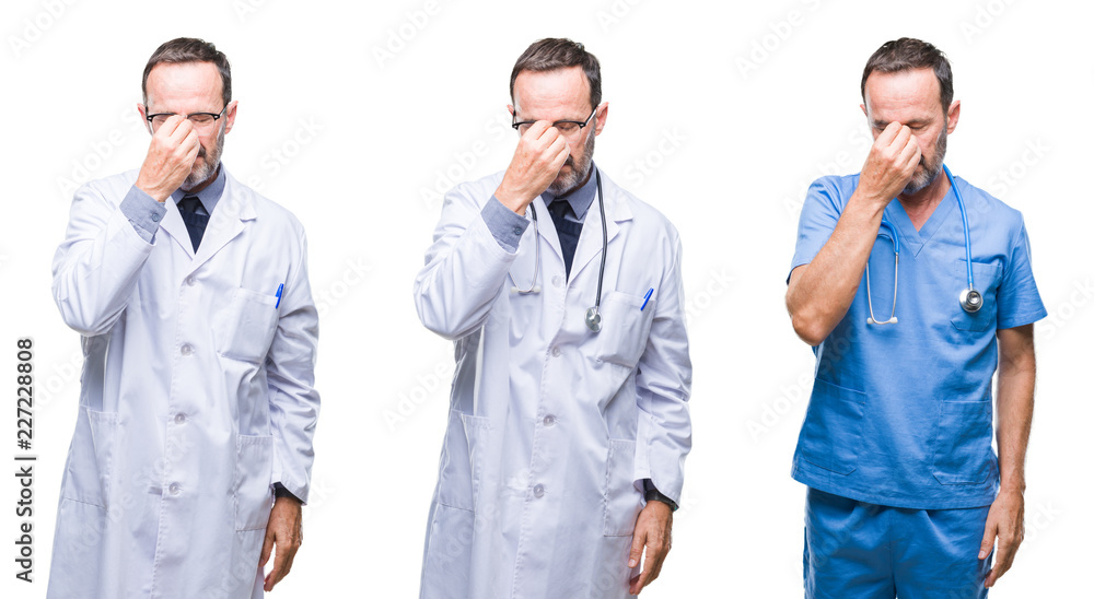 Collage of handsome senior hoary doctor man wearing surgeon uniform over isolated background tired rubbing nose and eyes feeling fatigue and headache. Stress and frustration concept. Collage of handsome senior hoary doctor man wearing surgeon uniform over isolated background tired rubbing nose and eyes feeling fatigue and headache. Stress and frustration concept.