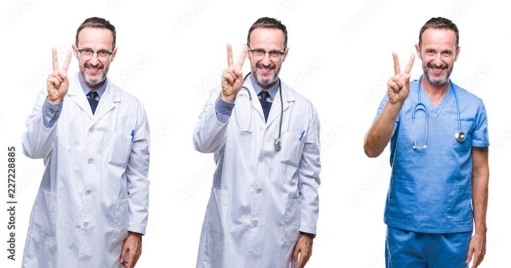 Collage of handsome senior hoary doctor man wearing surgeon uniform over isolated background showing and pointing up with fingers number two while smiling confident and happy. Collage of handsome senior hoary doctor man wearing surgeon uniform over isolated background showing and pointing up with fingers number two while smiling confident and happy.