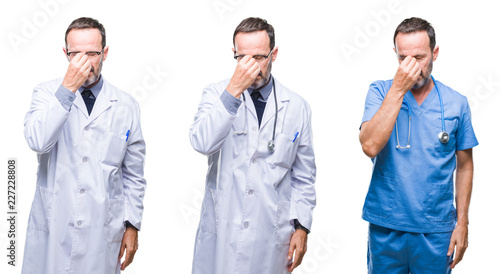 Collage of handsome senior hoary doctor man wearing surgeon uniform over isolated background tired rubbing nose and eyes feeling fatigue and headache. Stress and frustration concept.