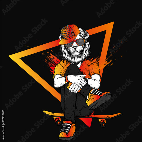 Fototapeta Naklejka Na Ścianę i Meble -  Stylish lion-skater in jeans and sneakers. Skateboard. Vector illustration for a postcard or a poster, print for clothes. Street cultures. Leo.