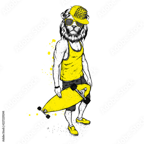 Fototapeta Naklejka Na Ścianę i Meble -  Stylish lion-skater in jeans and sneakers. Skateboard. Vector illustration for a postcard or a poster, print for clothes. Street cultures. Leo.