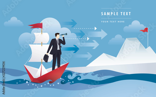 Businessman with binocular on white sailing boat  in the ocean, Mountain and the Red Flag