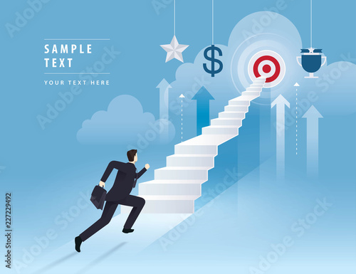 Businessman running up stairway to the target