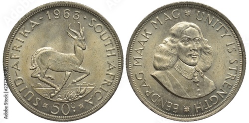 South Africa African Republic silver coin 50 fifty cents 1963, galloping antelope, small Protea flower below, bust of colonial administrator and founder of Cape Town Jan van Riebeeck in 1/4,
