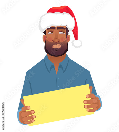 African man in hat holding blank card