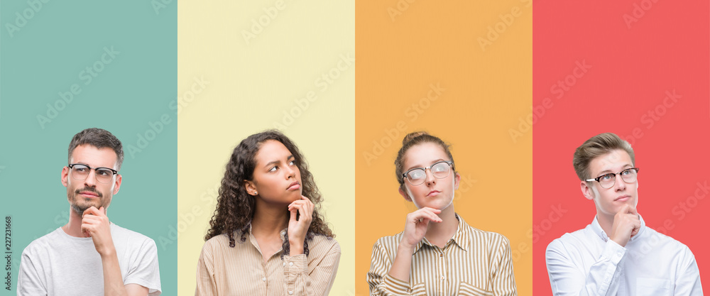 Obraz premium Collage of a group of people isolated over colorful background with hand on chin thinking about question, pensive expression. Smiling with thoughtful face. Doubt concept.