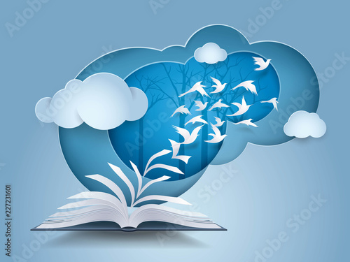 Open book with Bird flying from it, Paper Pages Change to birds fly into the Sky