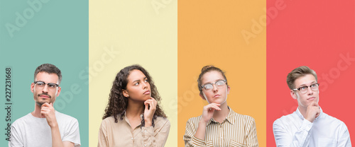 Collage of a group of people isolated over colorful background with hand on chin thinking about question, pensive expression. Smiling with thoughtful face. Doubt concept.