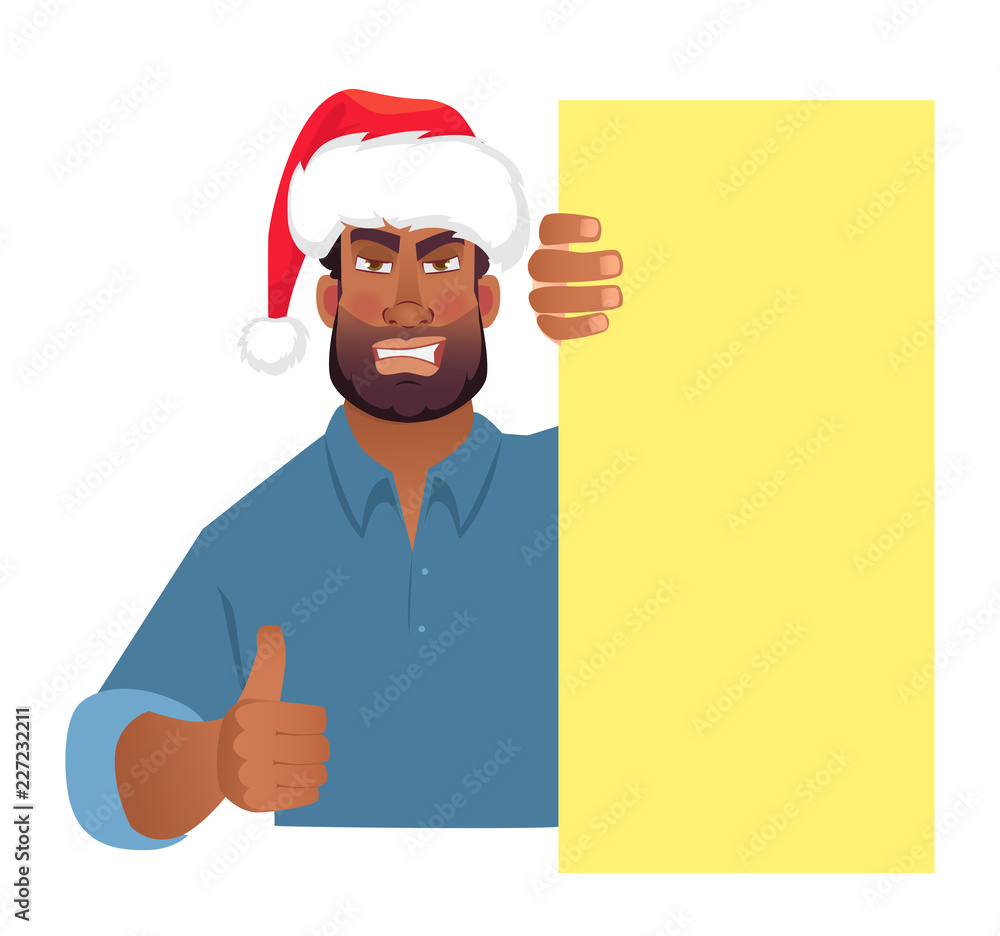 African man in hat holding blank banner. African man in hat holding blank banner.