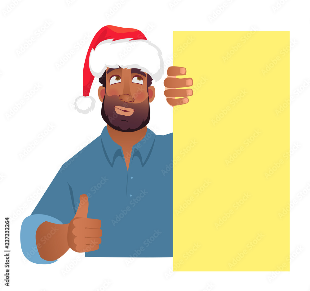 African man in hat holding blank banner. African man in hat holding blank banner.