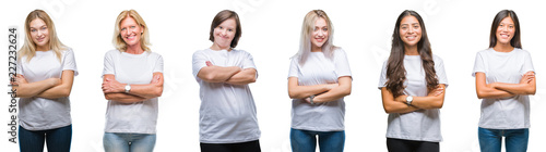 Collage of group of women wearing white t-shirt over isolated background happy face smiling with crossed arms looking at the camera. Positive person.