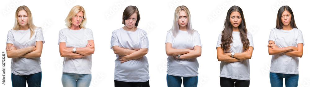 Collage of group of women wearing white t-shirt over isolated background skeptic and nervous, disapproving expression on face with crossed arms. Negative person.