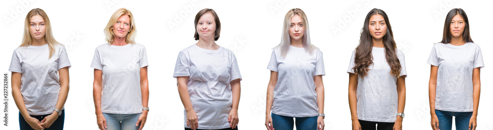 Collage of group of women wearing white t-shirt over isolated background with serious expression on face. Simple and natural looking at the camera. Collage of group of women wearing white t-shirt over isolated background with serious expression on face. Simple and natural looking at the camera.