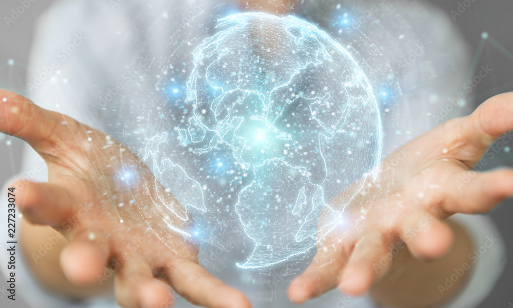 Businesswoman using globe network hologram with America Usa map 3D rendering Businesswoman using globe network hologram with America Usa map 3D rendering