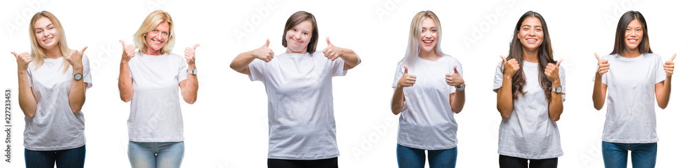 Collage of group of women wearing white t-shirt over isolated background success sign doing positive gesture with hand, thumbs up smiling and happy. Looking at the camera with cheerful expression Collage of group of women wearing white t-shirt over isolated background success sign doing positive gesture with hand, thumbs up smiling and happy. Looking at the camera with cheerful expression