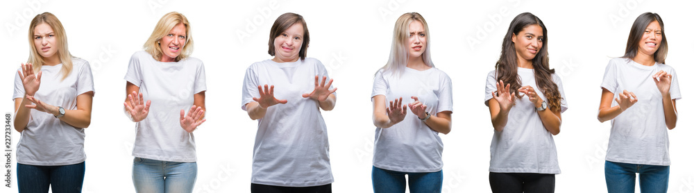 Collage of group of women wearing white t-shirt over isolated background disgusted expression, displeased and fearful doing disgust face because aversion reaction. With hands raised. Annoying concept. Collage of group of women wearing white t-shirt over isolated background disgusted expression, displeased and fearful doing disgust face because aversion reaction. With hands raised. Annoying concept.