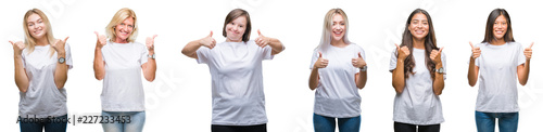 Collage of group of women wearing white t-shirt over isolated background success sign doing positive gesture with hand, thumbs up smiling and happy. Looking at the camera with cheerful expression
